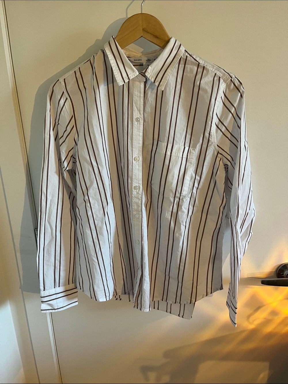 Old Navy White Button-Down Shirt with Brown Stripes